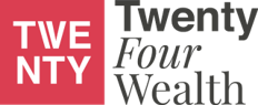 Logo featuring the text "Twenty Four Wealth" and a red square with white letters "E V E T Y."