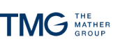 Logo of TMG, The Mather Group, in blue text on a transparent background.